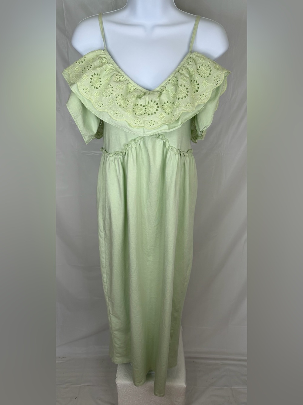 Zara Lime Green Eyelet Ruffle Midi Dress Cold Shoulder Size S